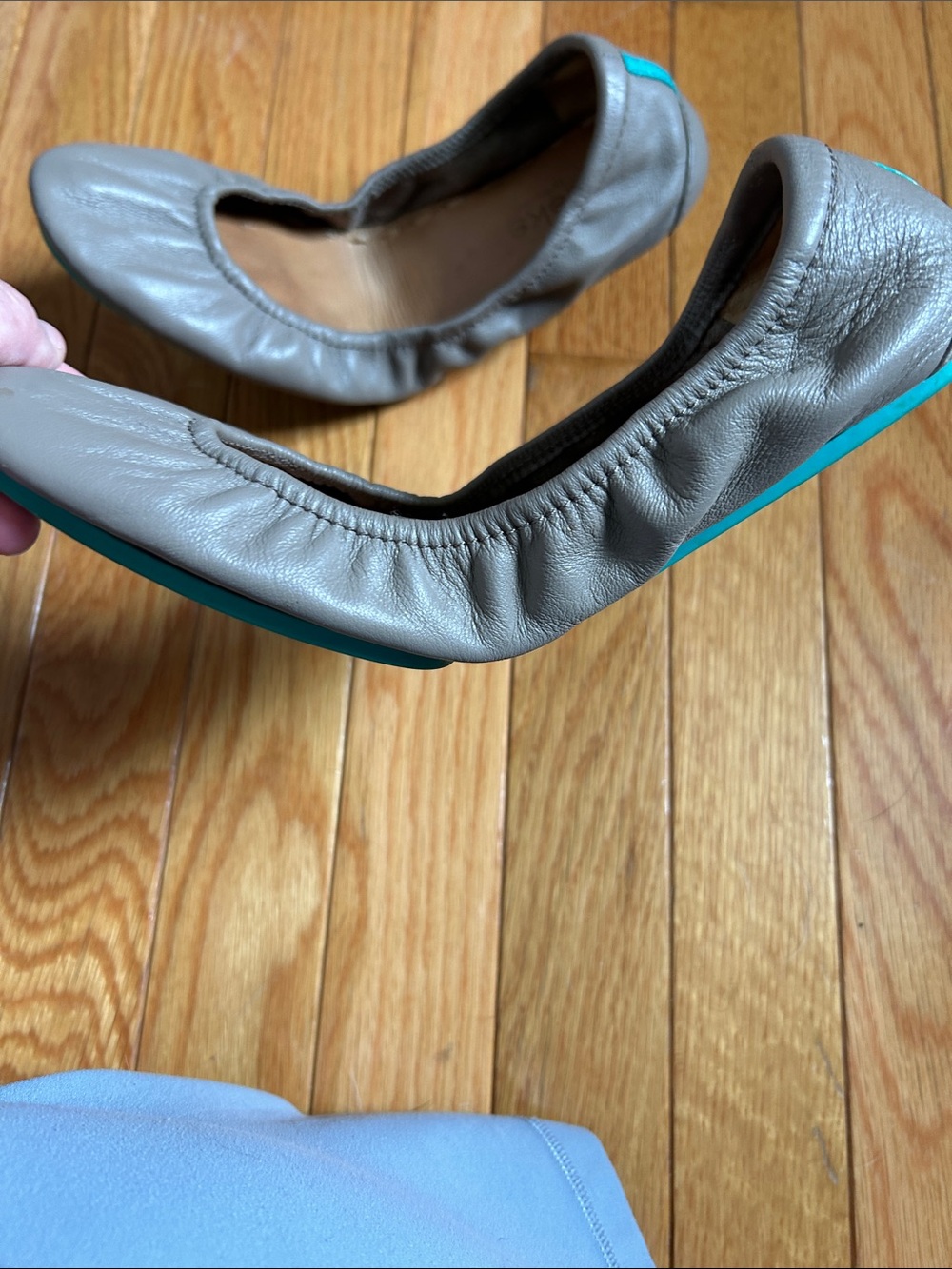 Tieks Light Brown/Khaki Leather Ballet Flats with Teal Trim - Picture 10 of 11